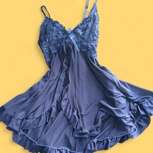 Source Unknown Blue Lace-Trim Slip Chemise with Ruffle Hem